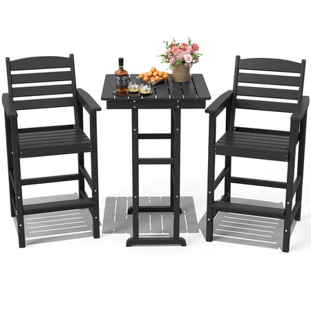 FOOWIN 3-Piece Adirondack Bar Table and Chair Set, HDPE All Weather Outdoor Patio Bar Set, Black