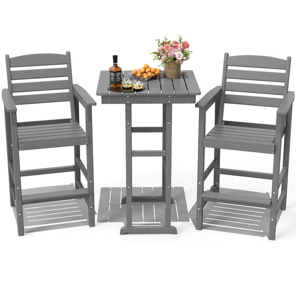 FOOWIN 3-Piece Adirondack Bar Table and Chair Set, HDPE All Weather Outdoor Patio Bar Set, Grey