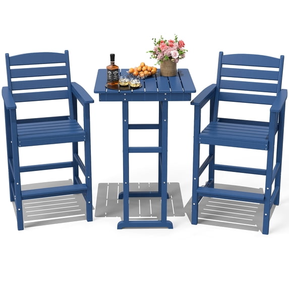 FOOWIN 3-Piece Adirondack Bar Table and Chair Set, HDPE All Weather Outdoor Patio Bar Set, Navy Blue