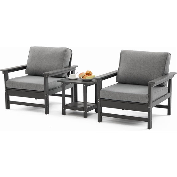 HDPE Outdoor Patio Bistro Set with Cushions, 3 Piece Patio Conversation Set Sofa Set,All Weather Outdoor Couch Set with Coffee Table for Lawn, Garden, Deck