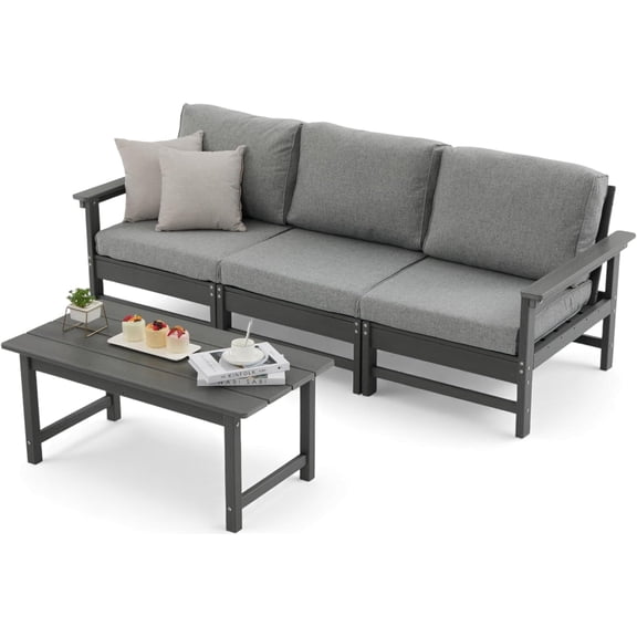 HDPE Outdoor Patio Furniture Set, 4-Piece Sofa Set with 3-Seat Couch & Coffee Table, Weatherproof Conversation Set with Cushions, All-Weather Waterproof, for Garden, Porch & Backyard