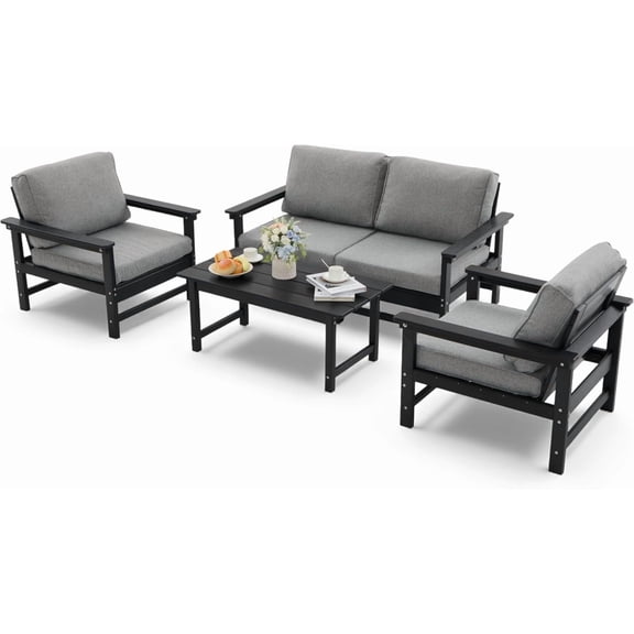 HDPE Outdoor Patio Furniture Set, 5-Piece Sofa Set with Loveseat Couch, 2 Armchairs & Coffee Table, Weatherproof Conversation Set with Cushions, All-Weather Waterproof, for Garden, Porch & Backyard