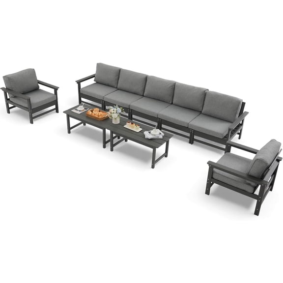 HDPE Outdoor Patio Furniture Set, 9-Piece Sofa Set with 5-Seat Couch, 2 Armchairs & 2 Coffee Tables, Weatherproof Conversation Set with Cushions, All-Weather Waterproof, for Garden, Porch & Backyard