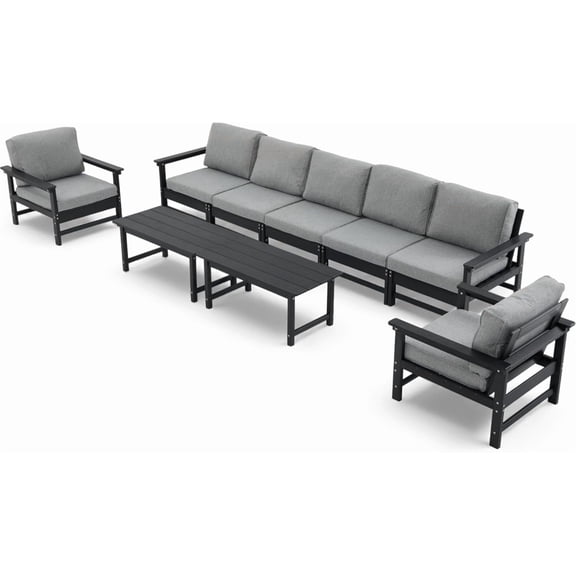HDPE Outdoor Patio Furniture Set, 9-Piece Sofa Set with 5-Seat Couch, 2 Armchairs & 2 Coffee Tables, Weatherproof Conversation Set with Cushions, All-Weather Waterproof, for Garden, Porch & Backyard