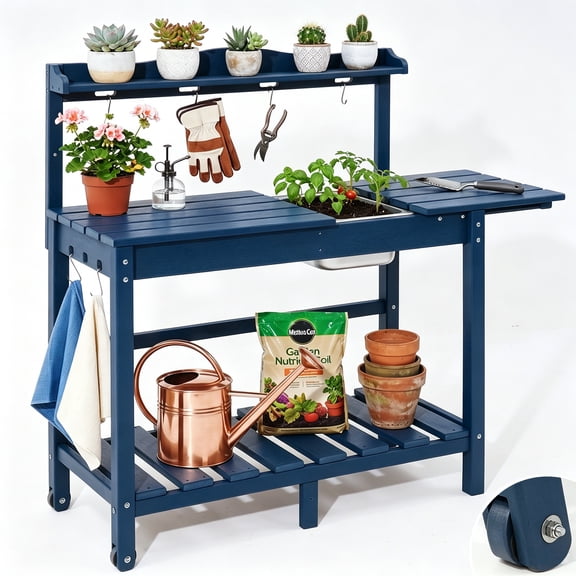 HDPE Outdoor Potting Bench, Garden Workstation Table with Removable Sink, Sliding Top, Storage Shelf & Hooks, Gardening Table for Backyard & Patio