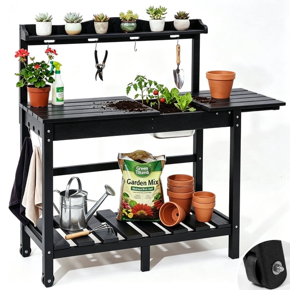 NOICOI Garden Potting Bench with Sliding Tabletop & Removable Sink, HDPE Outdoor Potting Workstation Table with Storage Shelf, Hooks, Handle & Wheels for Patio, Backyard & Garden, Black