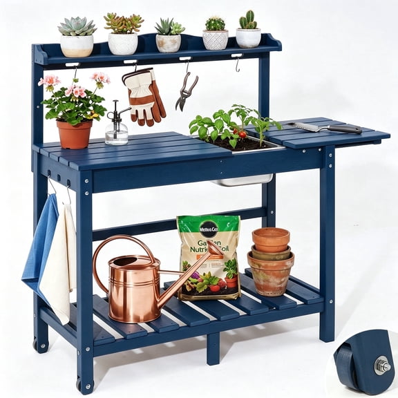 NOICOI Garden Potting Bench with Sliding Tabletop & Removable Sink, HDPE Outdoor Potting Workstation Table with Storage Shelf, Hooks, Handle & Wheels for Patio, Backyard & Garden, Navy Blue