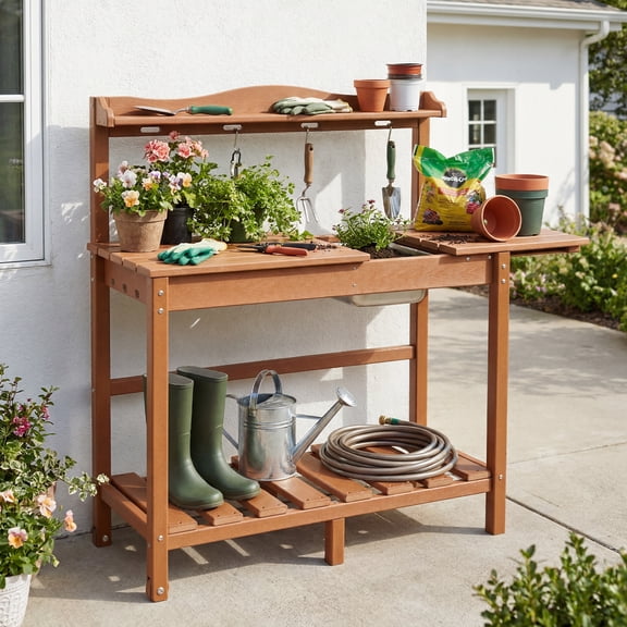 HDPE Outdoor Potting Bench with Sliding Tabletop & Removable Sink, Garden Potting Workstation Table with Storage Shelf, Hooks, Handle & Wheels for Patio, Backyard & Garden, Teak