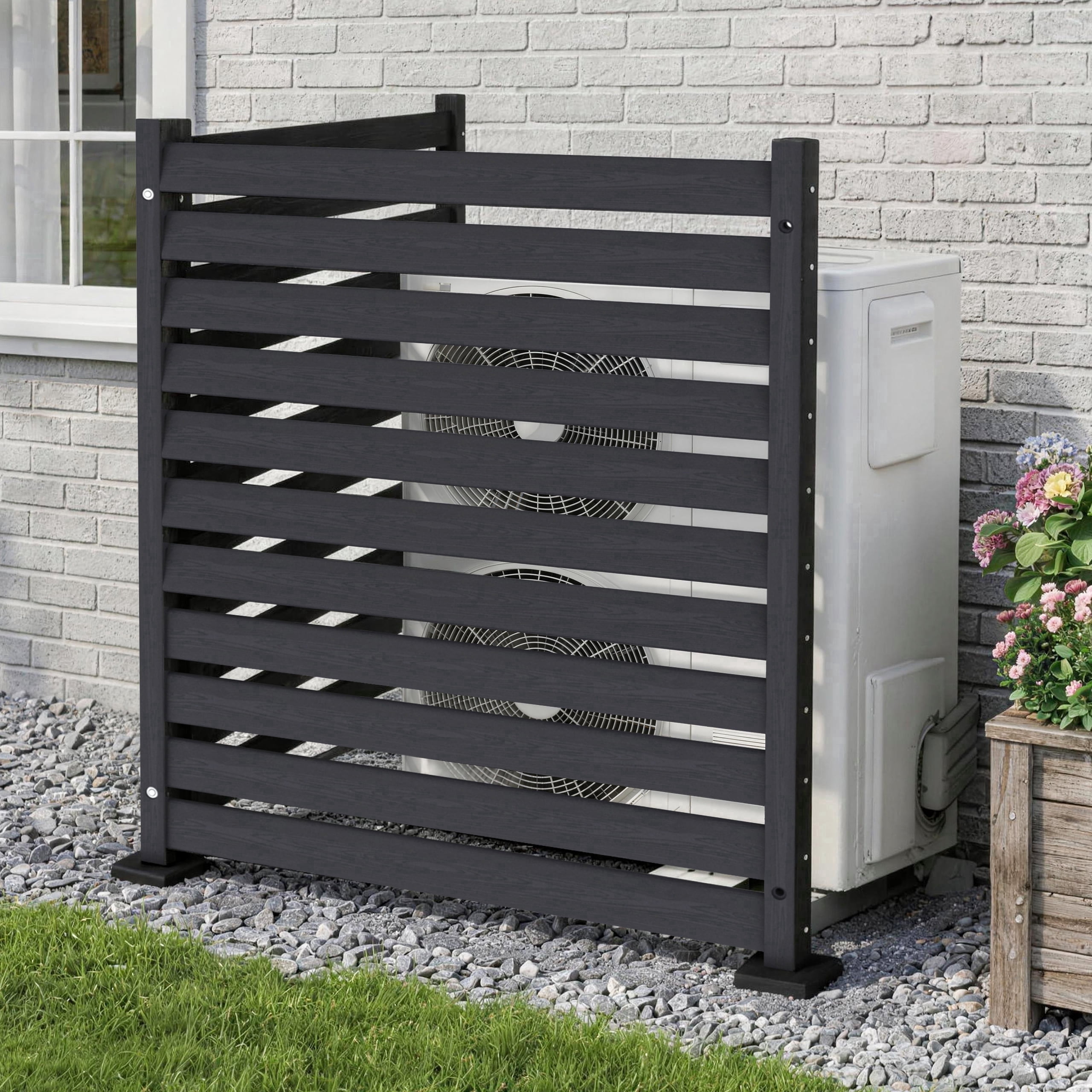 HDPE Outdoor Privacy Screen Fence Panel, 38"W x 48"H (2 Panels) AC Unit & Trash Can Enclosure, Weather-Resistant Privacy Wall with Ground Stakes & Base Plates