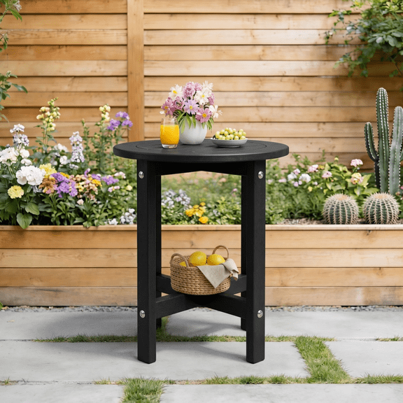 HDPE Outdoor Side Table, Small All-Weather Patio End Table with Slatted Drainage, X-Frame Rustproof Design for Garden Deck Balcony, Black