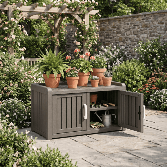HDPE Outdoor Storage Cabinet with Waterproof UV-Resistant, Small Garden Storage Box with 2 Doors, for Patio, Pool, Gray