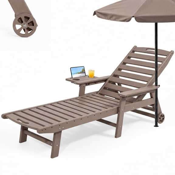 HDPE Patio Chaise Lounge Chair, 2-in-1 Outdoor Lounge Chair with 5-Position Adjustable Backrest, Cup Holder, Umbrella Hole & Rolling Wheels, Pool Chaise Lounge for Deck & Garden Gray