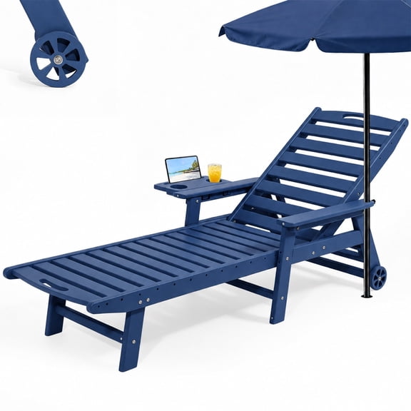 HDPE Patio Chaise Lounge Chair, 2-in-1 Outdoor Lounge Chair with 5-Position Adjustable Backrest, Cup Holder, Umbrella Hole & Rolling Wheels, Pool Chaise Lounge for Deck & Garden Navy Blue