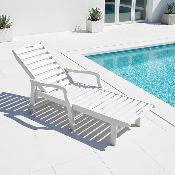HDPE Patio Chaise Lounge Chair, Outdoor Reclining Pool Chair w/ Adjustable Backrest, for Patio, Deck, Backyard White