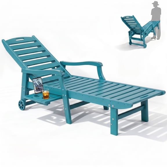 HDPE Patio Chaise Lounge Chair with Pull-Out Side Tray, 5-Position Adjustable Backrest, Cup Holder & Rolling Wheels, Poolside Lounge Chair for Patio, Deck & Backyard Black
