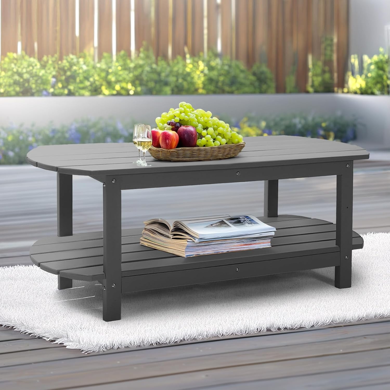 HDPE Patio Coffee Table, Outdoor Coffee Table with 2-Tier Storage, Weather-Resistant Patio ...