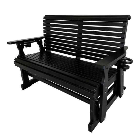 HDPE Patio Glider with Cupholders, Poly Lumber Weather-Resistant Outdoor Glider Bench, for Patio, Porch, Yard (2-Seater, Black)