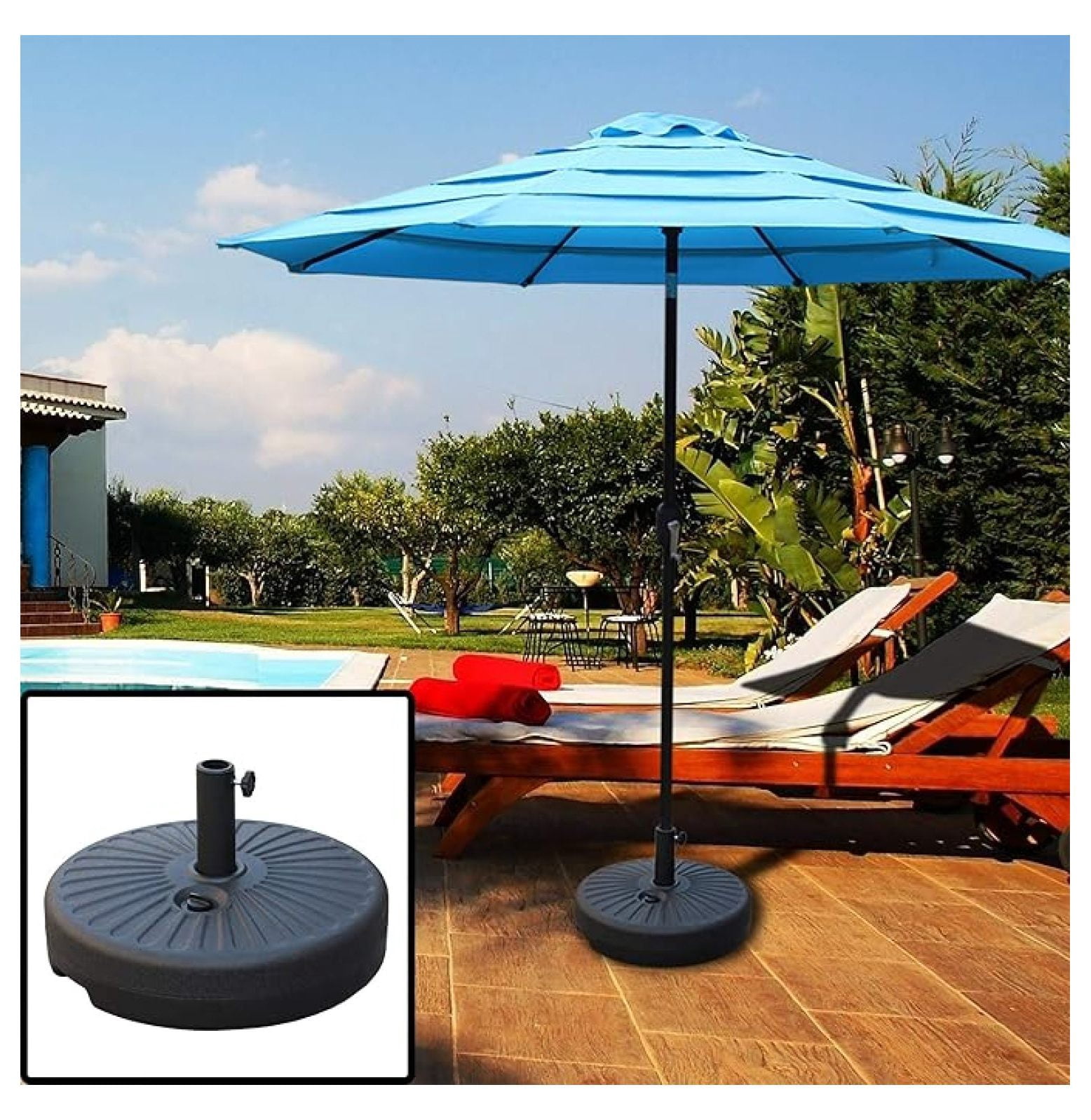 HDPE Plastic .5LBS 20”Dia Patio Outdoor Umbrella Base Water Filled Stand Round Umbrella Base 1.5-inch Steel Umbrella Pole Holder Heavy Duty for Lawn Garden Backyard (Black)