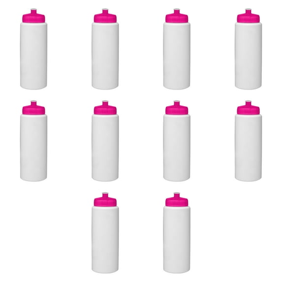 HDPE Plastic Leak-Free Bottles 32 oz. Set of 10, Bulk Pack - BPA Free, Great for Gym, Camping, Backpacking, School - Neon Pink
