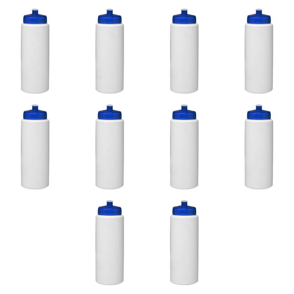 HDPE Plastic Leak-Free Bottles 32 oz. Set of 10, Bulk Pack - BPA Free, Great for Gym, Camping, Backpacking, School - Trans Blue