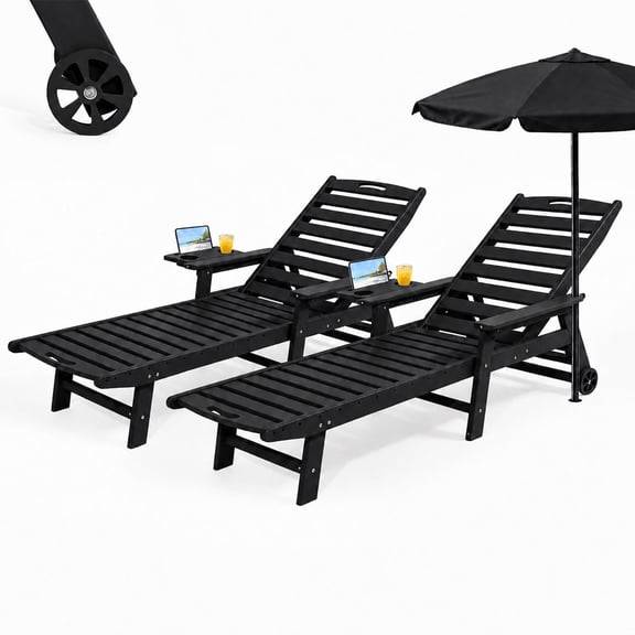 HDPE Pool Chaise Lounge Chair Set of 2, 2-in-1 Outdoor Patio Lounge Chair w/Adjustable Backrest & Cup Holder Black