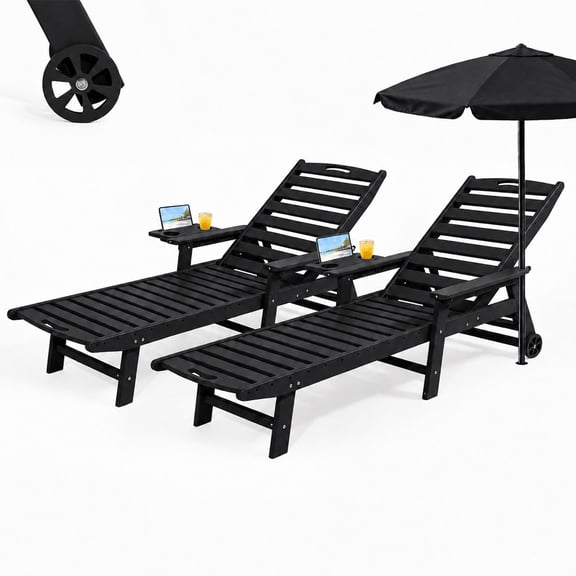 HDPE Pool Chaise Lounge Chair Set of 2, 2-in-1 Outdoor Patio Lounge Chair w/Adjustable Backrest & Cup Holder Black