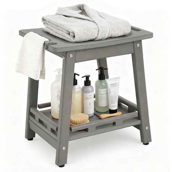 HDPE Shower Bench for Inside Shower, Non-Slip Shower Stool with Handle & Storage Shelf, Bathroom Safety Seat for Shaving Legs, Elderly & Adults Gray