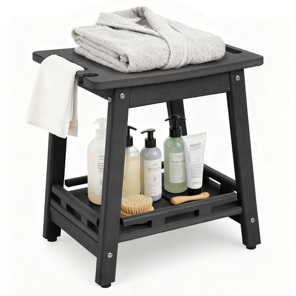 HDPE Shower Chair for Inside Shower with handle&Storage Shelf,Shower Stool to sit on,for Shaving Legs-BLACK