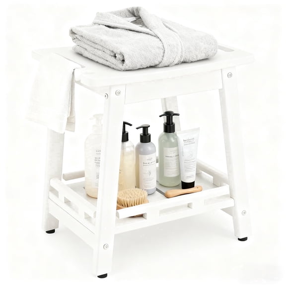 HDPE Shower Bench for Inside Shower, Non-Slip Shower Stool with Handle & Storage Shelf, Bathroom Safety Seat for Shaving Legs, Elderly & Adults White