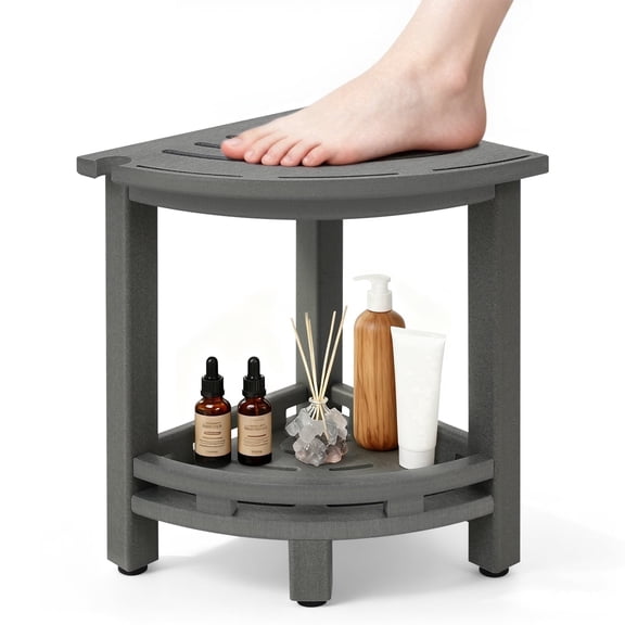 HDPE Corner Shower Stool, Waterproof Bathroom Shower Seat with Storage Shelf, Space-Saving Bath Stool for Shaving Legs & Everyday Use, Gray