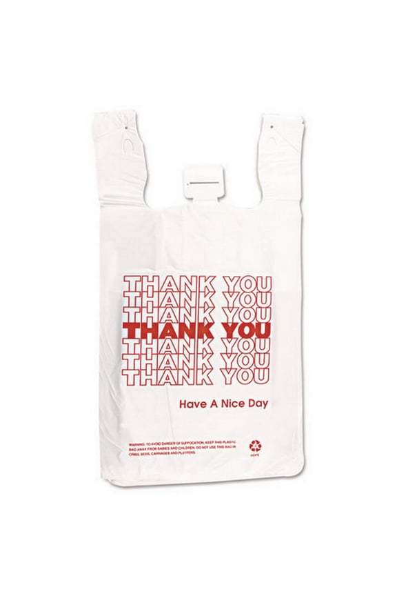 HDPE T-Shirt Bags, Thank You - Have a Nice Day Labeling, Cut-Out Handles, 12" x 7" x 23", White/Red, | Bundle of 2