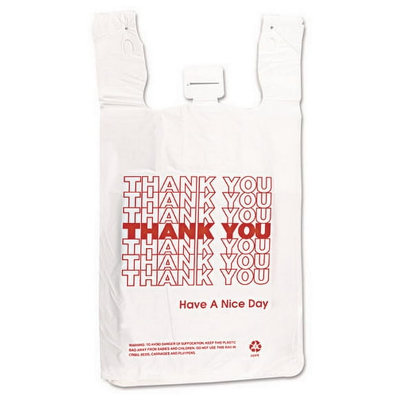 HDPE T-Shirt Bags, Thank You - Have a Nice Day Labeling, Cut-Out Handles, 12" x 7" x 23", White/Red, | Bundle of 5