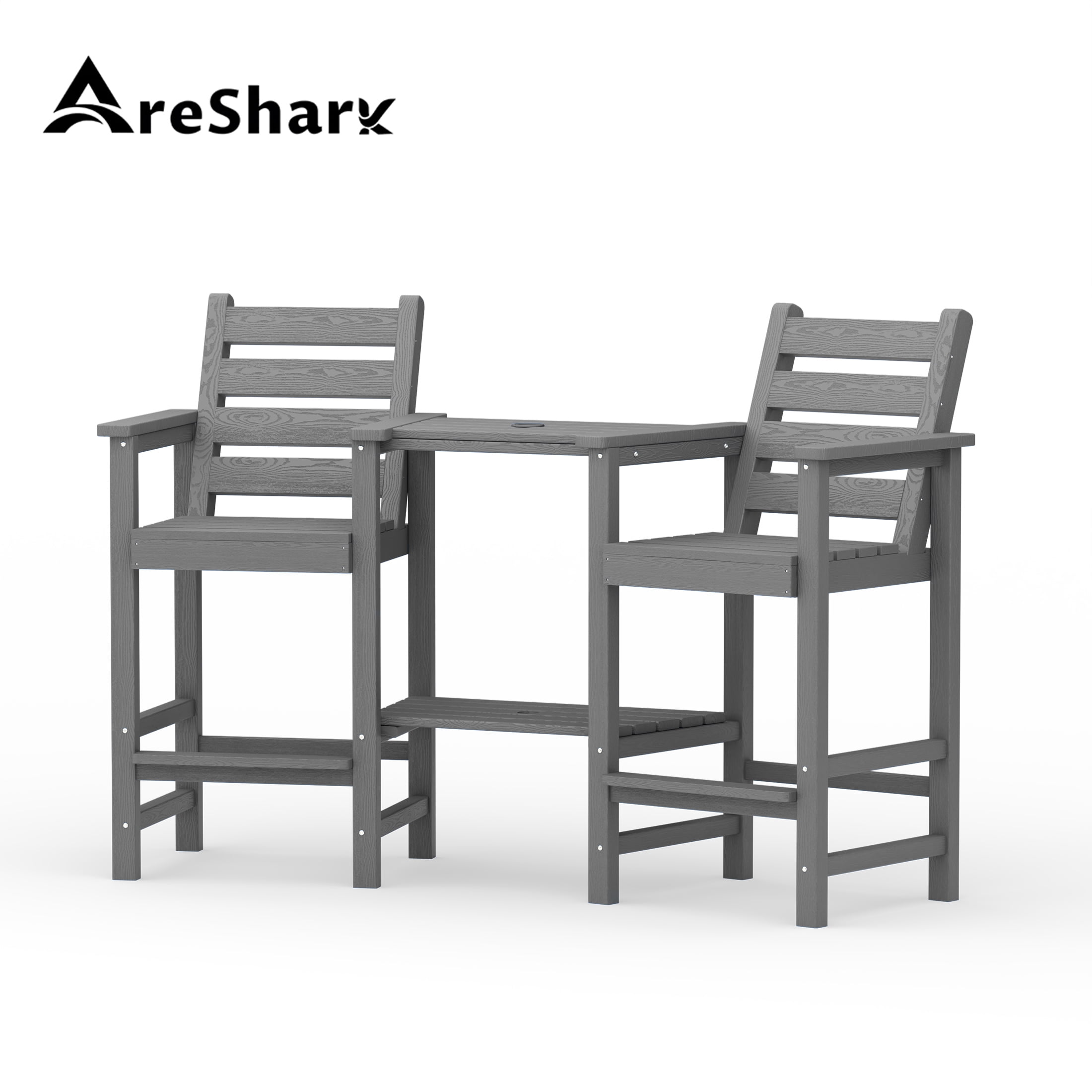 AreShark HDPE Tall Adirondack Chair Set with Removable Double Trays (Set of 2) -Gray