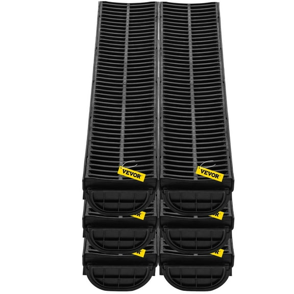HDPE Trench Drain Kit with Plastic Grates | 6-Foot Long Drainage Channel | 6 End Caps | for Garden, Driveway, Garage (6 Pack, Black)