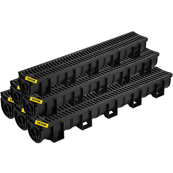 HDPE Trench Drain System 6 Pack 5.9x5.1 Inch Black Plastic Channel Drain with Grate for Garage Driveway Garden Includes 6 End Caps