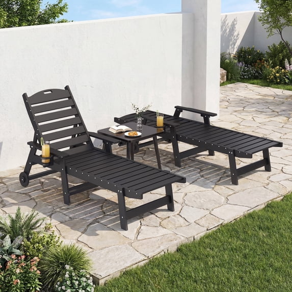 U-HOMY Outdoor Chaise Lounge Chair Set of 2, HDPE Wood Grain Patio Lounger with 6-Position Adjustable Backrest