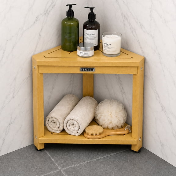 HDPS Corner Shower Bench, Waterproof 2-Tier Bathroom Stool with Footrest, Space-Saving Triangle Shower Seat for Shaving Legs Teak