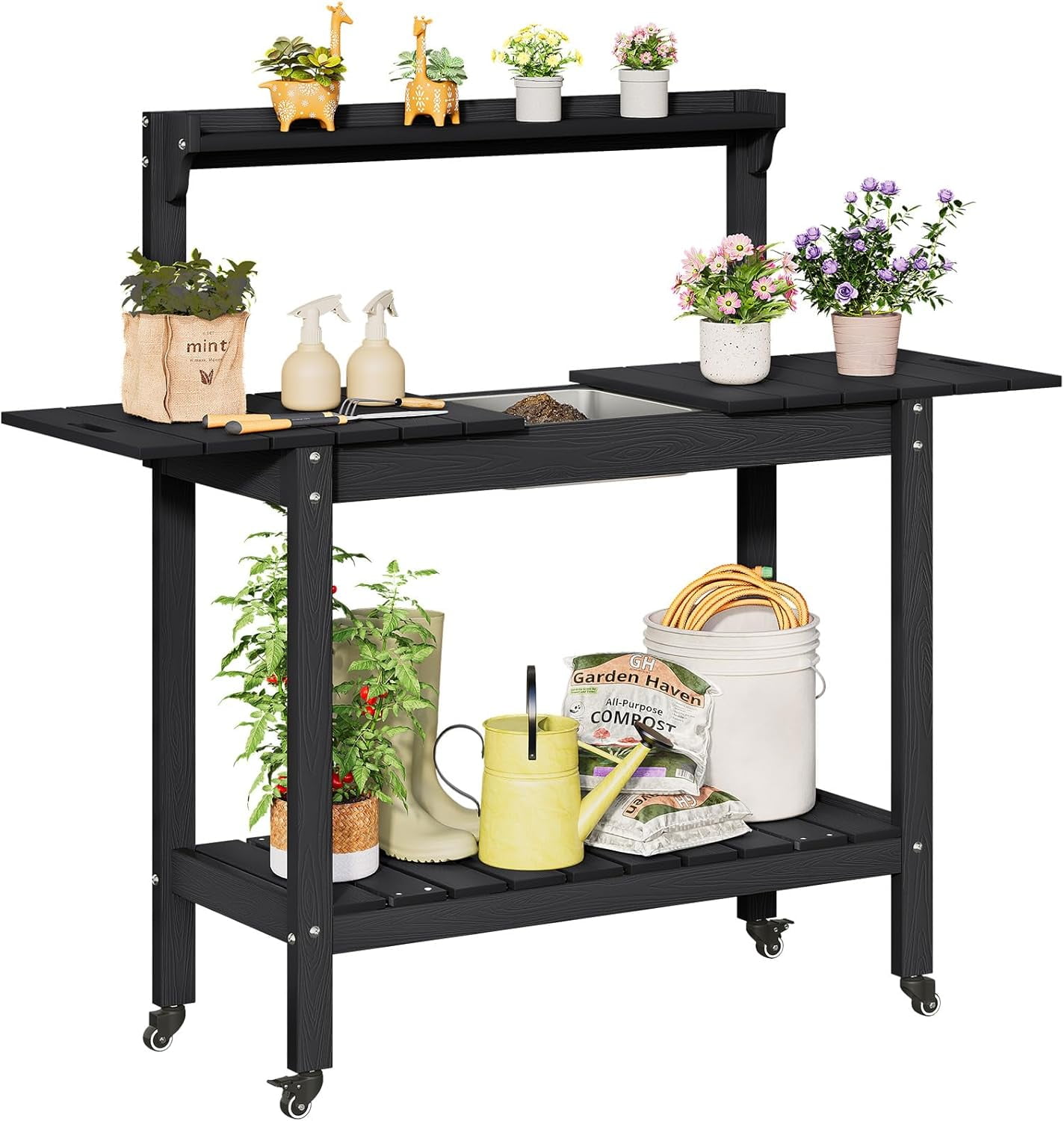 HDPS Outdoor Potting Bench with Sliding Tabletop/ 4 Wheels/Removable ...