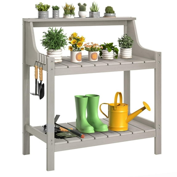 ONBRILL HDPS Outdoor Potting Bench Table w/4 Hooks & 3 Shelves, All-Weather, No Rust/Fade, Grey
