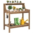 thumbnail image 1 of ROGALIS HDPS Outdoor Potting Bench Table w/4 Hooks & 3 Shelves, All-Weather, No Rust/Fade, Teak, 1 of 7