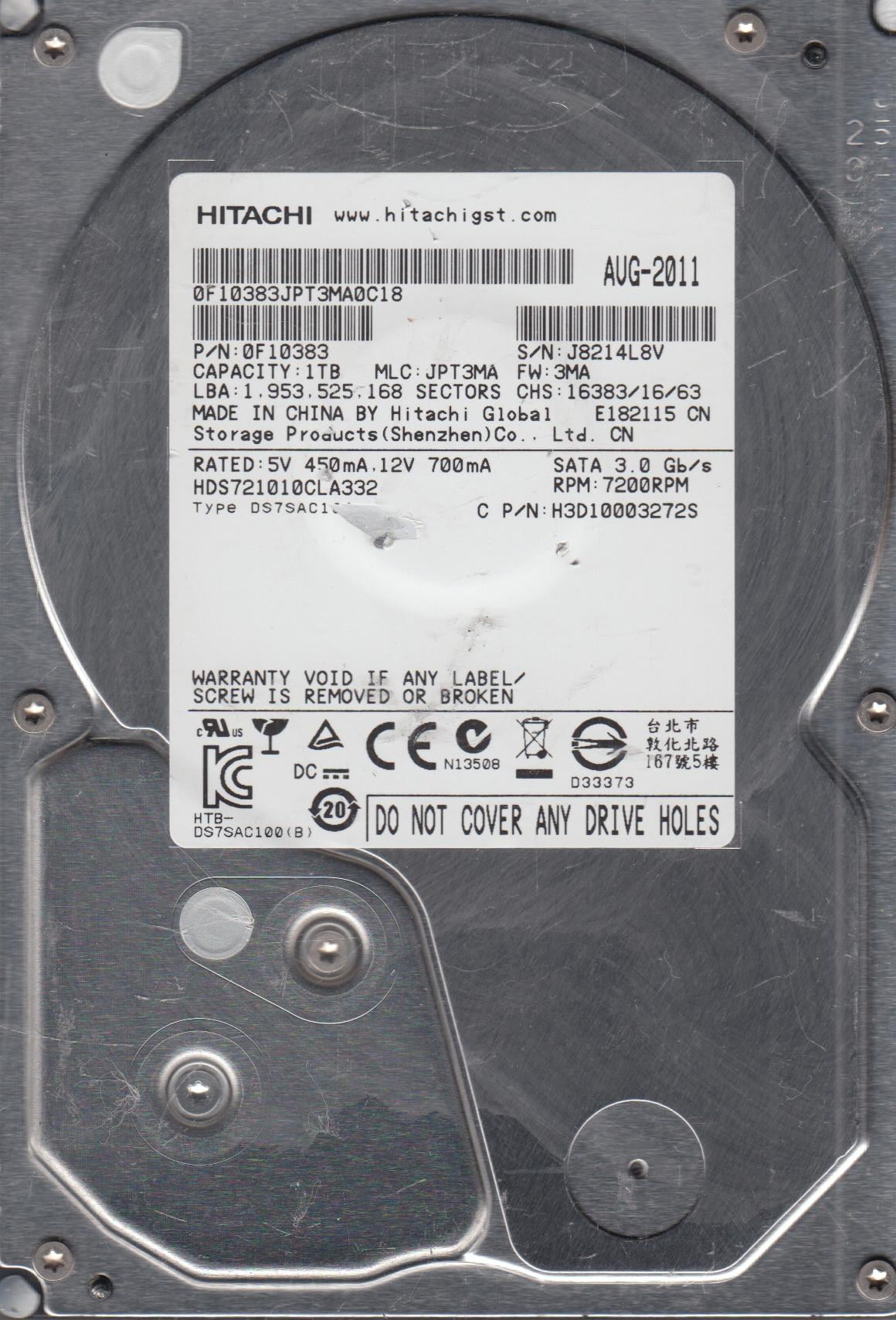 HDS721010CLA330, PN: 0F10383, MLC: JPT3MA, Hitachi 1Tb 3.5" HDD