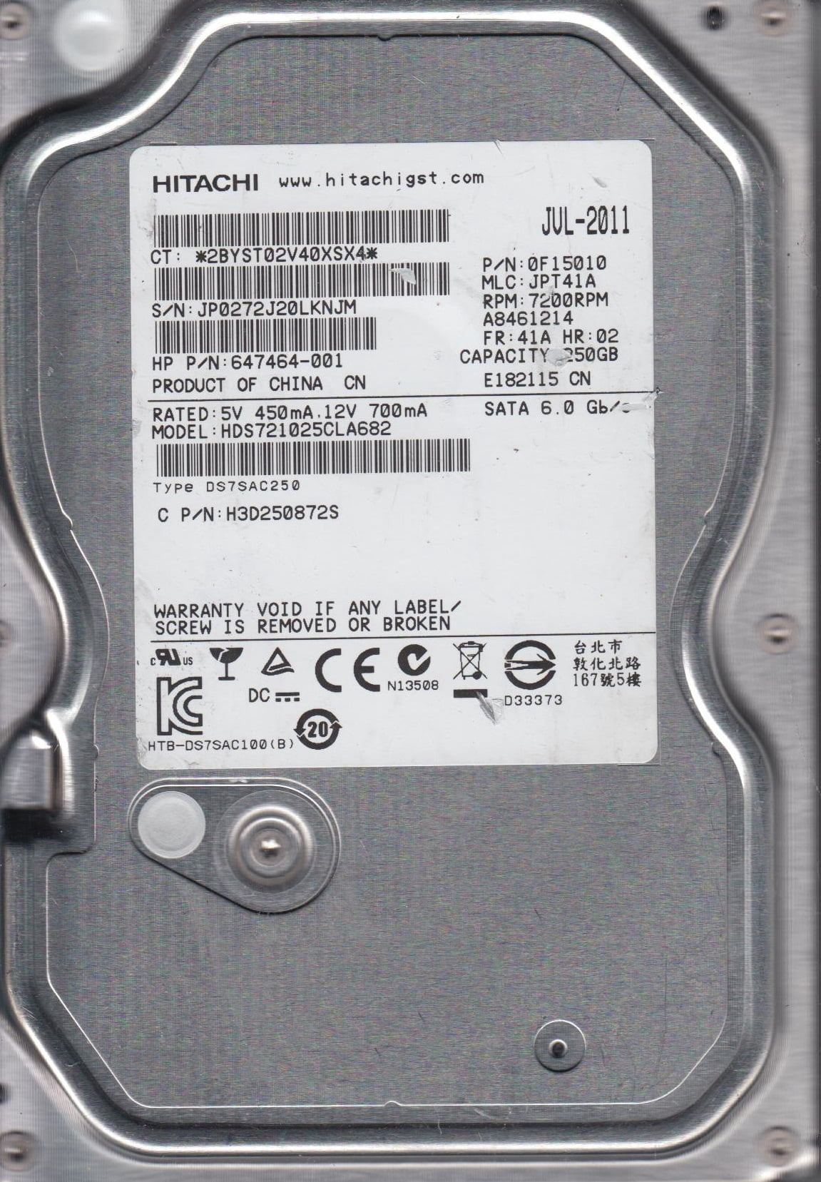 HDS721025CLA682, PN 0F15010, MLC JPT41A, Hitachi 250GB SATA 3.5