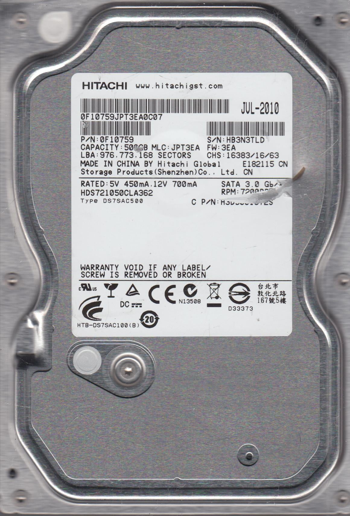 HDS721050CLA362, PN 0F10759, MLC JPT3EA, Hitachi 500GB SATA 3.5
