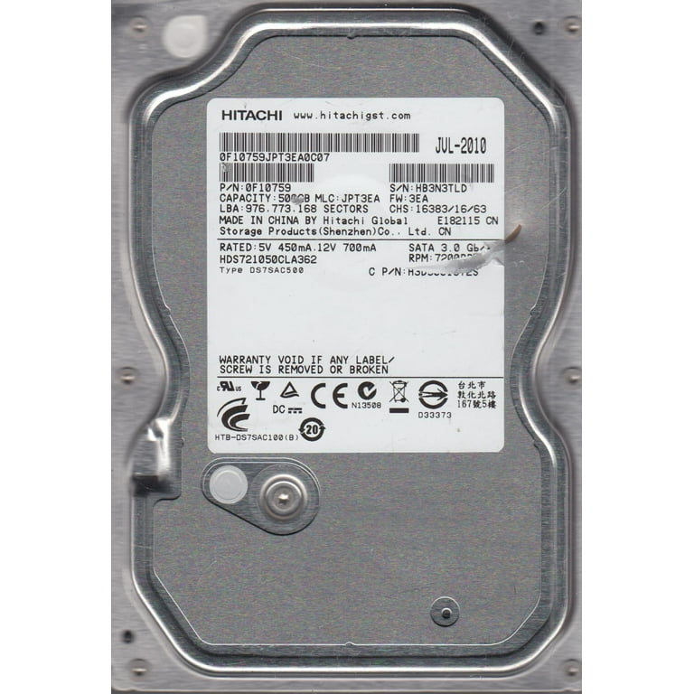 HDS721050CLA362, PN 0F10759, MLC JPT3EA, Hitachi 500GB SATA 3.5