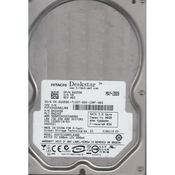 HDS721680PLA380, PN 0A33450, MLC BA2165, Hitachi 80GB SATA 3.5 Hard Drive
