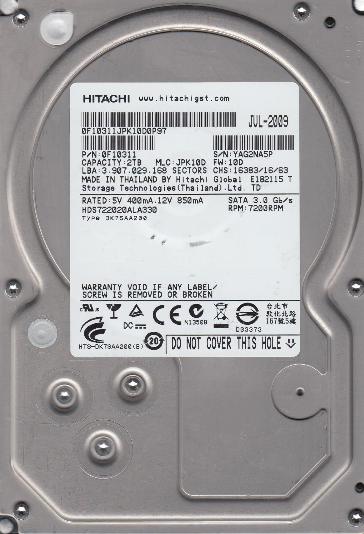 hds722020ala330、PN 0?F10311、MLC jpk10d、Hitachi 2tb SATA 3.5ハードドライブ HDS722020ALA330, PN 0F10311, MLC JPK10D, Hitachi 2TB SATA