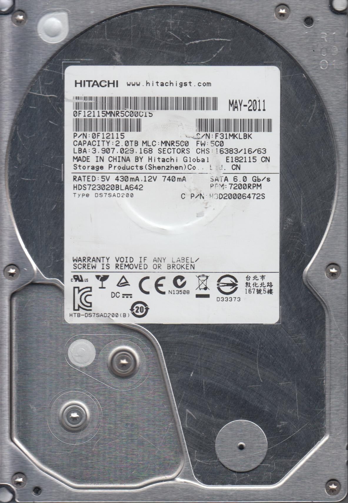 hds723020bla642、PN 0?F12115、MLC mnr5?C0、Hitachi 2tb SATA 3.5ハードドライブ HDS723020BLA642, PN 0F12115, MLC MNR5C0, Hitachi 2TB SATA 3.5 Hard