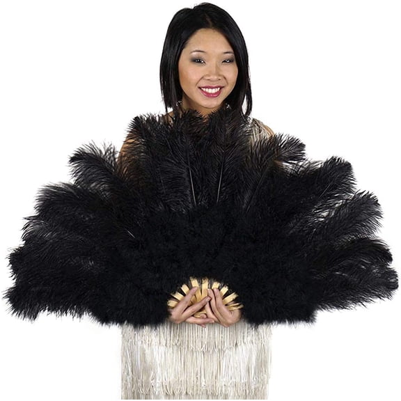 ZUCKER Large Ostrich Feather Fan - Vintage Costume Folding Hand Fan - Burlesque Showgirl Costume Decorative Fan for Women