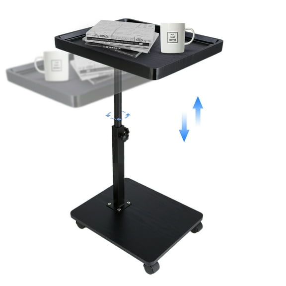 HDUTNGISN 16"Large C Shaped End Table,Adjustable Height & 360°Swivel Top Side Table for Living Room,(Black with Wheels)