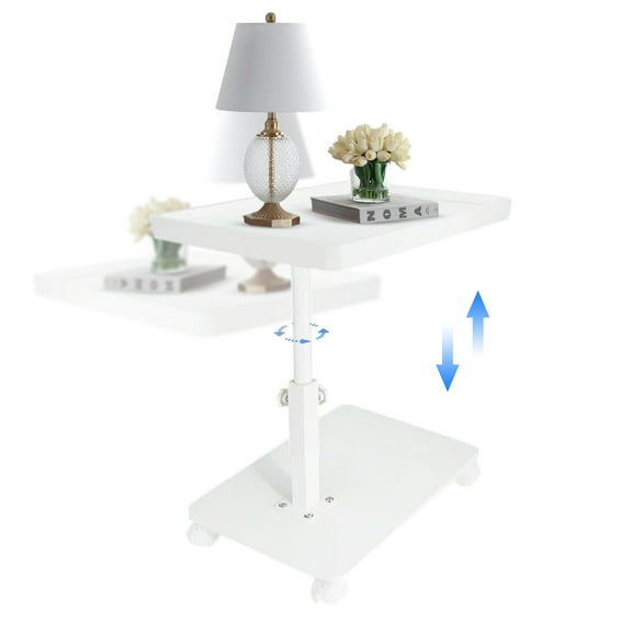 HDUTNGISN 16"Large C Shaped End Table,Adjustable Height & 360°Swivel Top Side Table for Living Room,(White with Wheels)